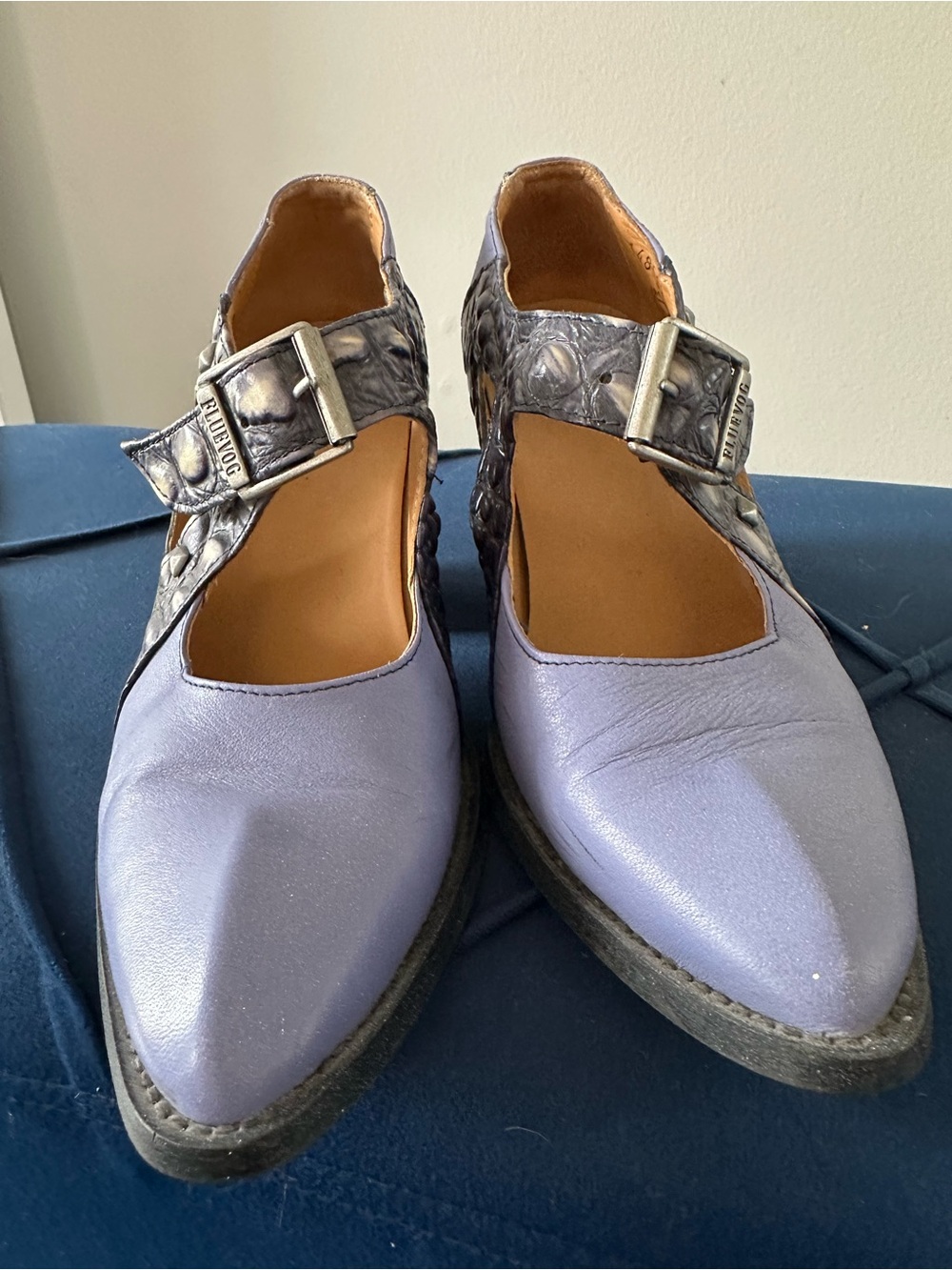 John Fluevog Lavender Leather Mary Jane-Style Mules with Silver Buckles